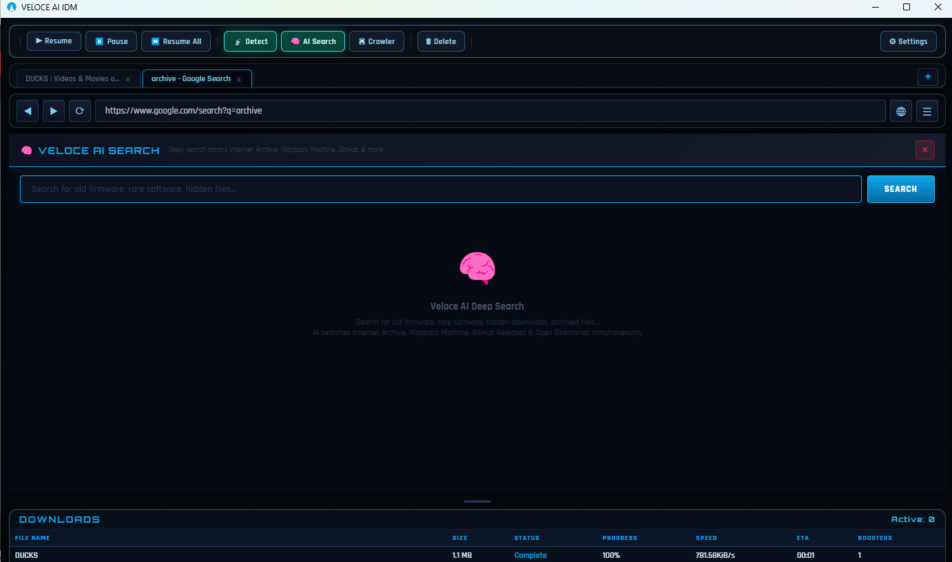 VELOCE AI File Finder — search results from public archives and repositories