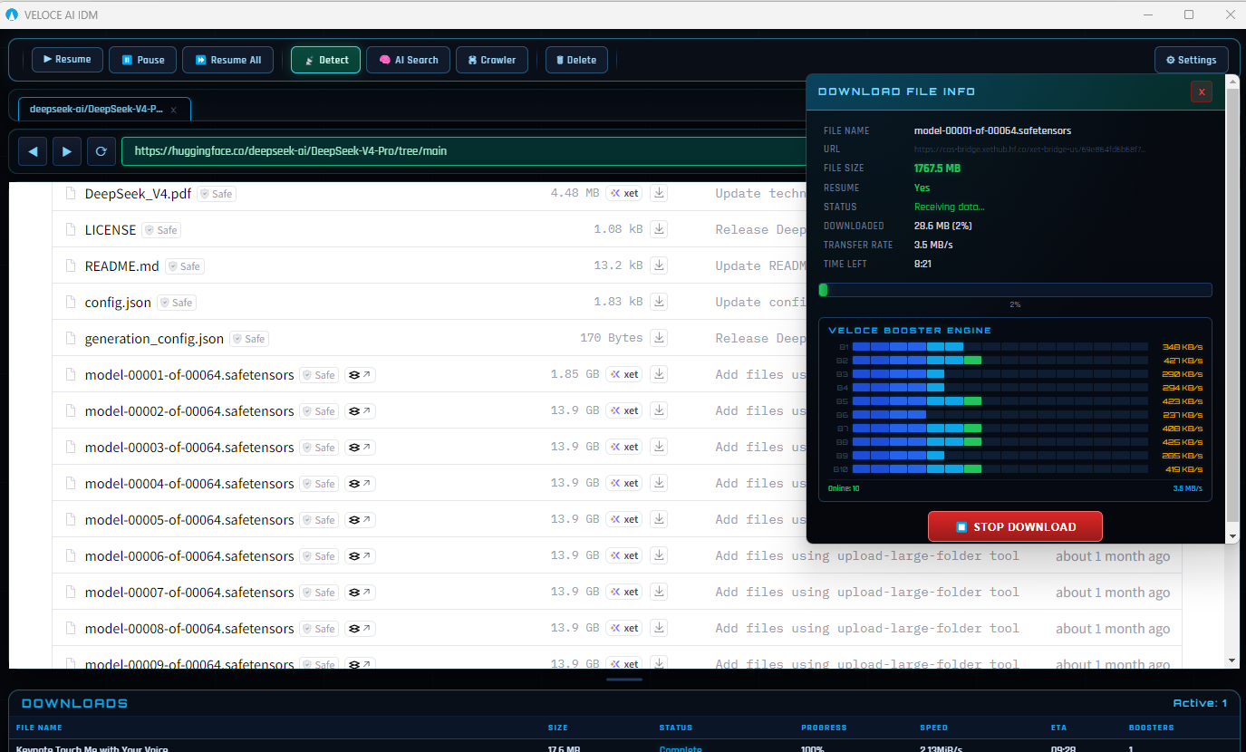 VELOCE AI Booster — multi-connection download acceleration