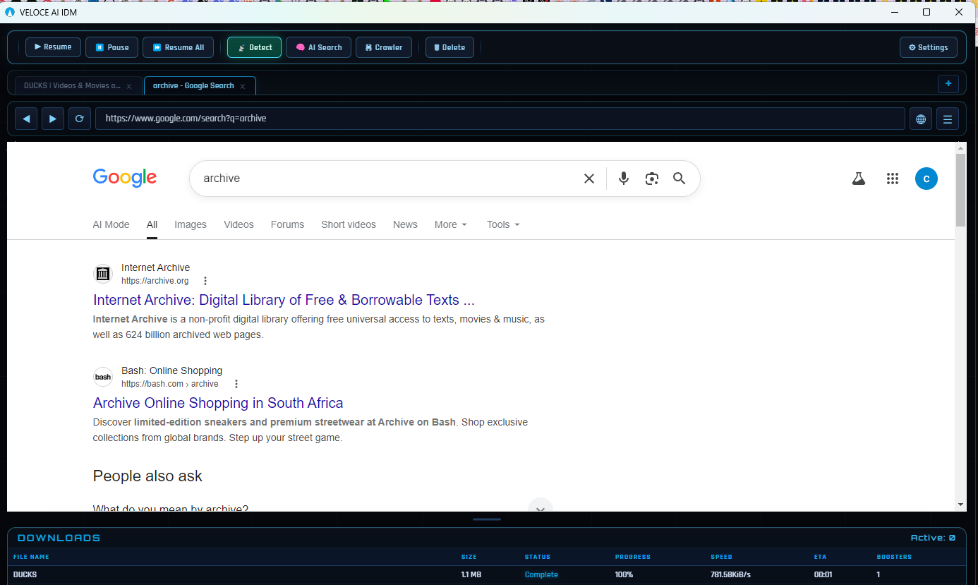 VELOCE AI built-in Chromium browser with a website loaded