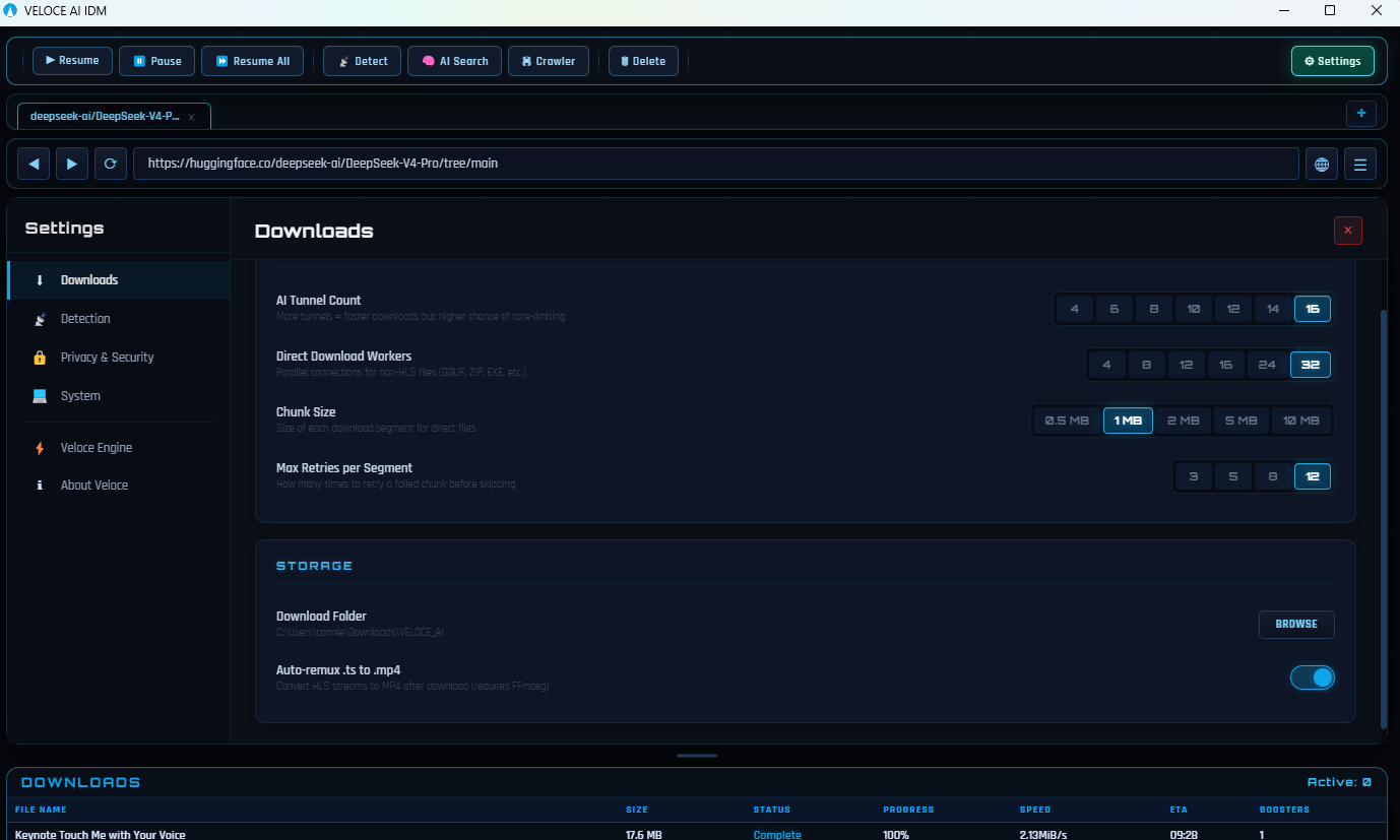 VELOCE AI Settings — Veloce Engine configuration